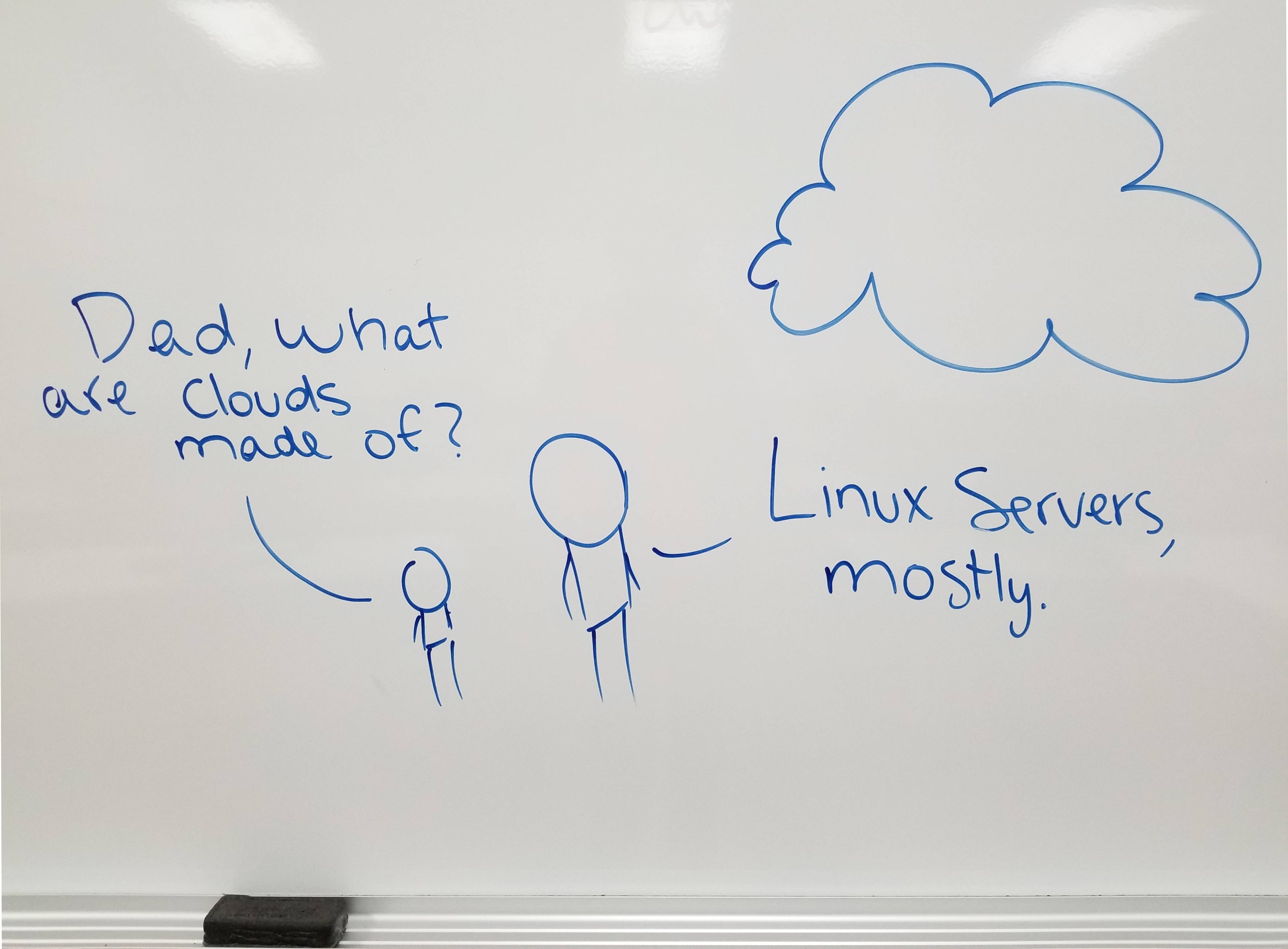 Comic with son asking father what clouds are made of and father responding 'linux servers, mostly'